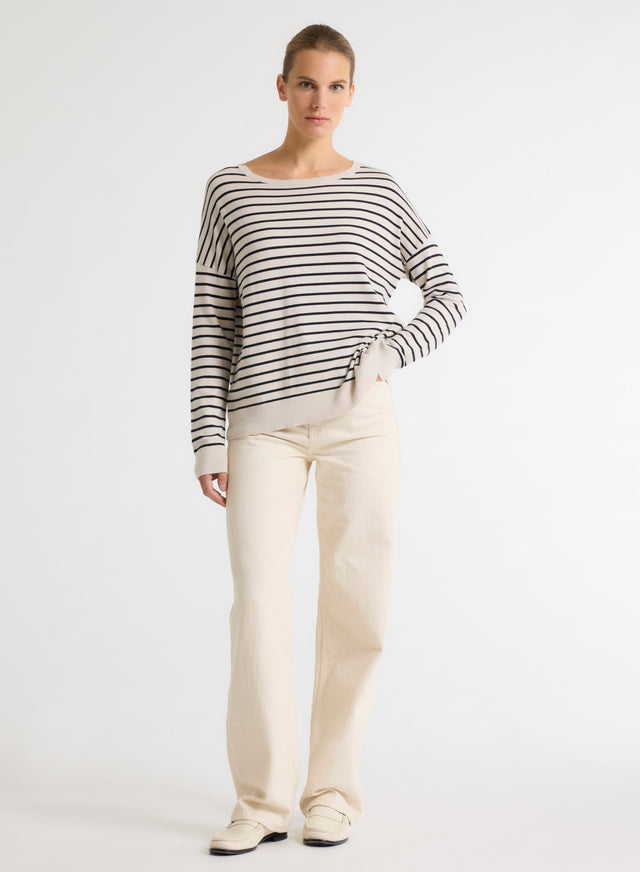 Majestic Filatures Pull Beige Col Bateau Manches Longues En Coton Organique / Elasthanne Coton Organique / Elasthanne