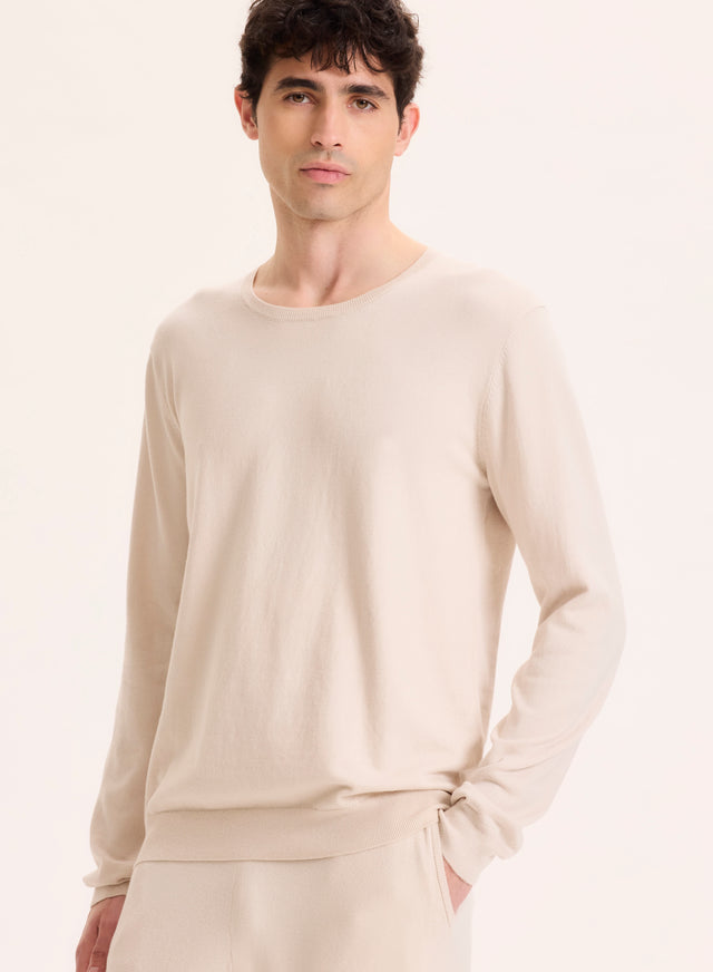Majestic Filatures Pull Beige Col Rond Manches Longues En Coton Organique / Elasthanne Coton Organique / Elasthanne