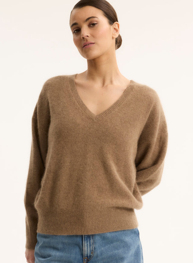 majestic filatures Pull Beige Col V Manches Longues en Raccoon / Polyamide Raccoon / Polyamide