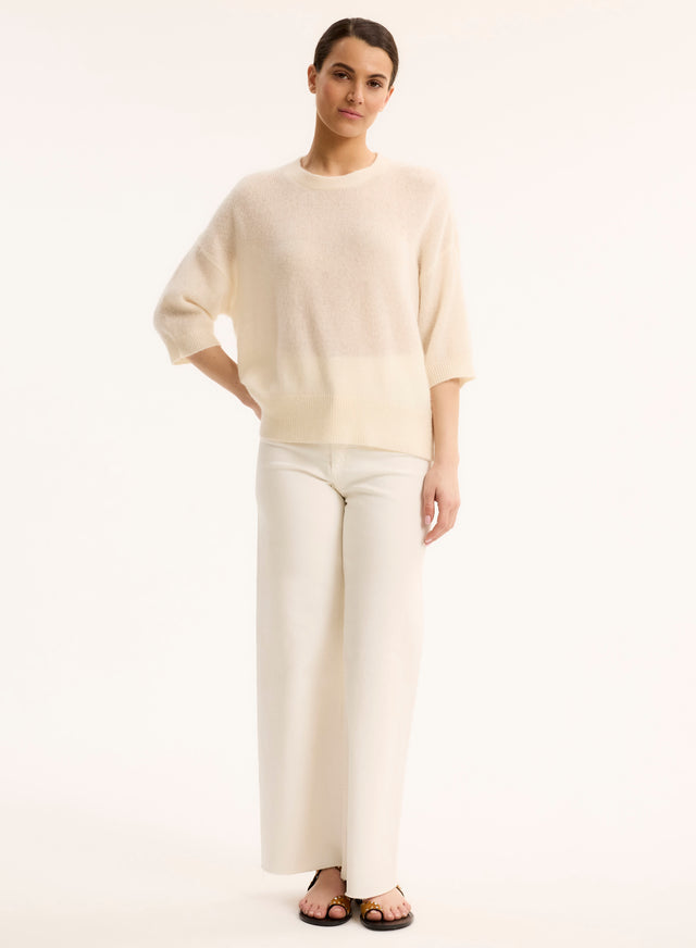 Majestic Filatures Pull Blanc Col Rond Manches Coudes En Laine / Soie / Cachemire Laine / Soie / Cachemire