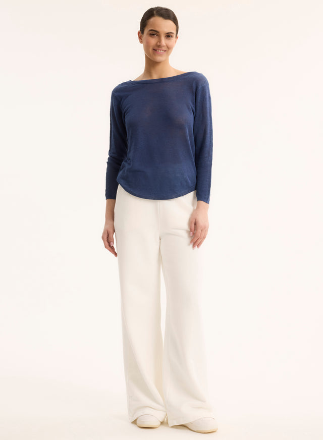Majestic Filatures Pull Bleu Col Bateau Manches Trois Quarts En Lin Lin