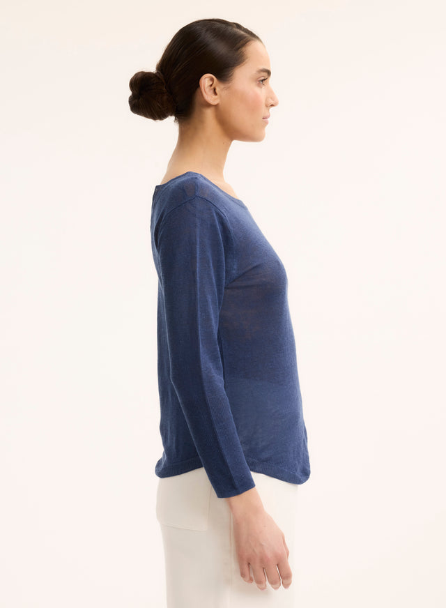 Majestic Filatures Pull Bleu Col Bateau Manches Trois Quarts En Lin Lin