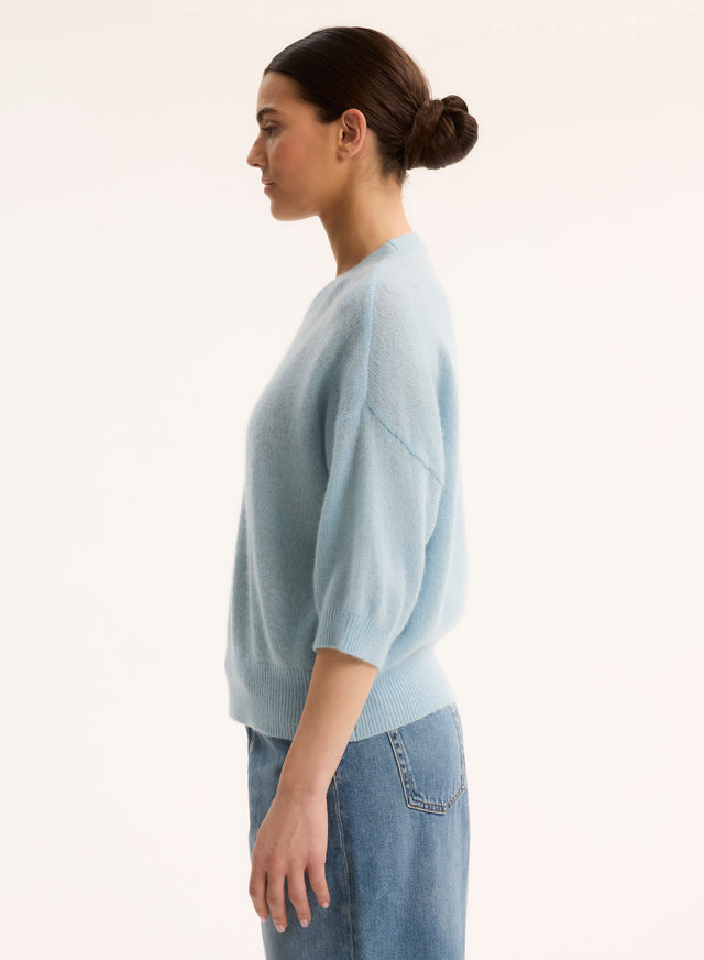 Majestic Filatures Pull Bleu Col Rond Manches Coudes En Laine / Soie / Cachemire Laine / Soie / Cachemire