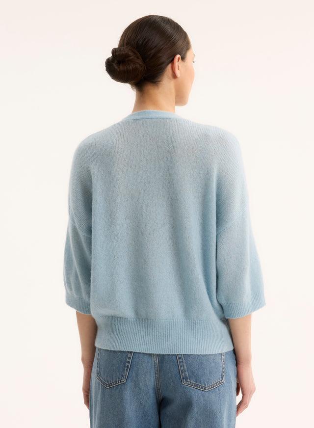 Majestic Filatures Pull Bleu Col Rond Manches Coudes En Laine / Soie / Cachemire Laine / Soie / Cachemire