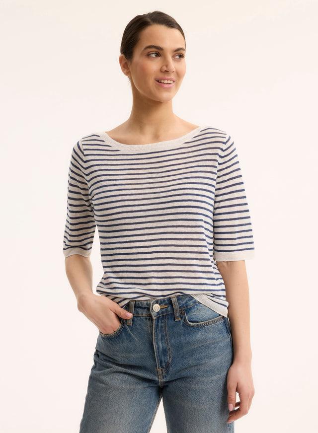 Majestic Filatures Pull Bleu Col Rond Manches Courtes En Lin Lin