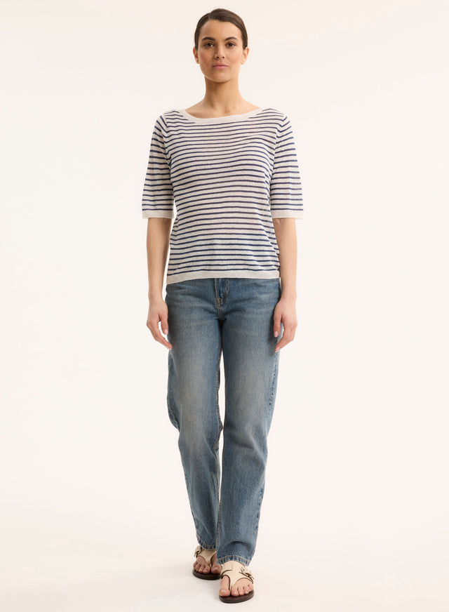 Majestic Filatures Pull Bleu Col Rond Manches Courtes En Lin Lin