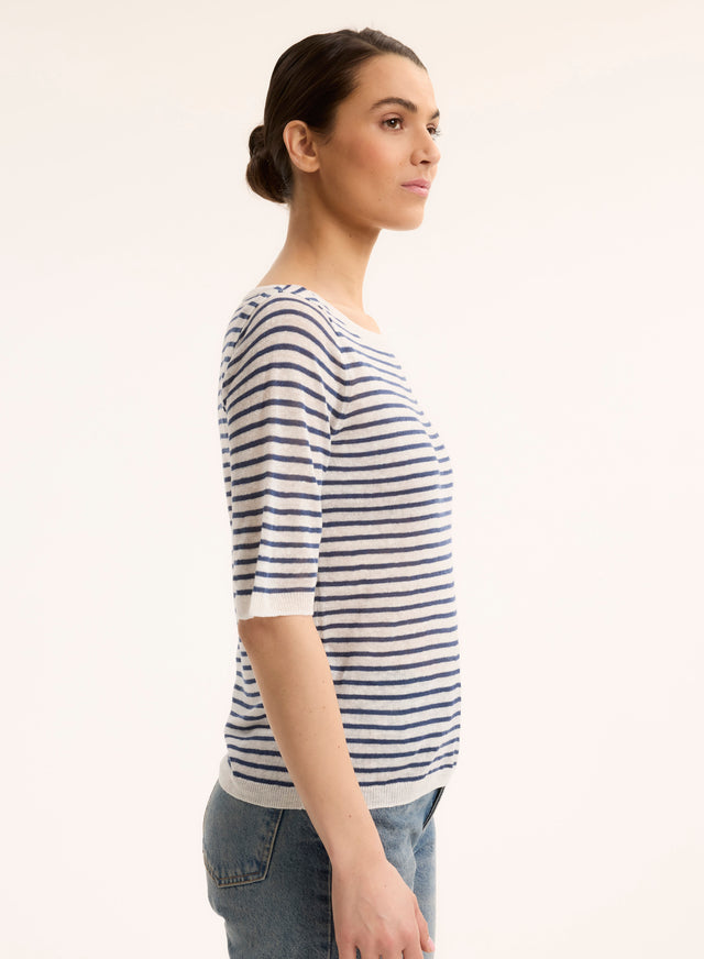 Majestic Filatures Pull Bleu Col Rond Manches Courtes En Lin Lin