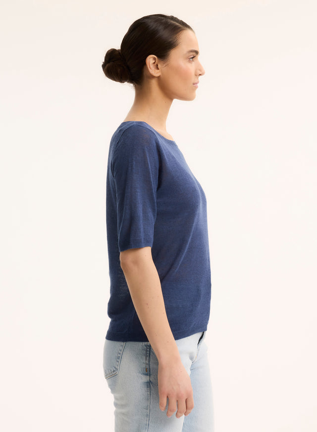 Majestic Filatures Pull Bleu Col Rond Manches Courtes En Lin Lin