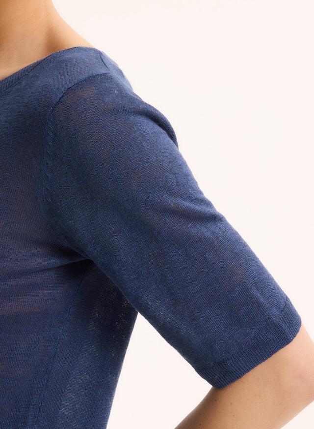 Majestic Filatures Pull Bleu Col Rond Manches Courtes En Lin Lin