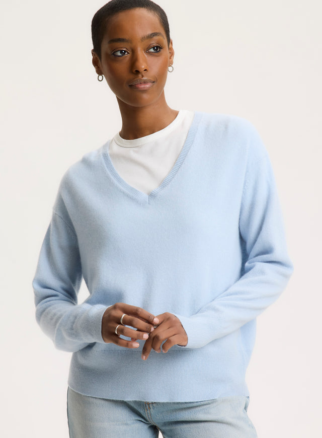 Majestic Filatures Pull Bleu Col V Manches Longues Cachemire