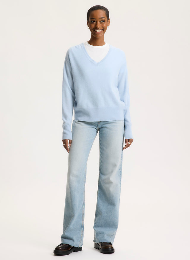 Majestic Filatures Pull Bleu Col V Manches Longues Cachemire