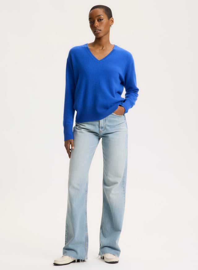 Majestic Filatures Pull Bleu Col V Manches Longues En Cachemire Cachemire