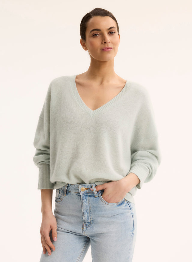 Majestic Filatures Pull Bleu Col V Manches Longues En Raccoon / Polyamide Raccoon / Polyamide