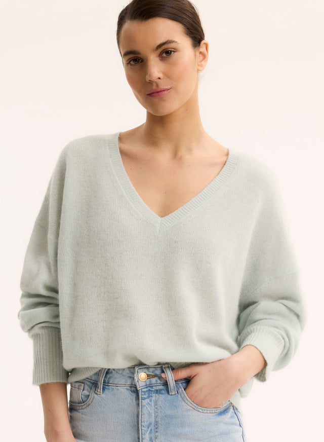 majestic filatures Pull Bleu Col V Manches Longues en Raccoon / Polyamide Raccoon / Polyamide