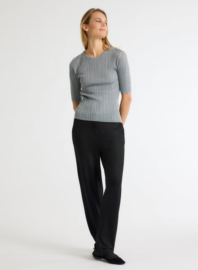 Majestic Filatures Pull Gris Col Rond Manches Coudes Acetate / Fibre Metallisee / Polyamide