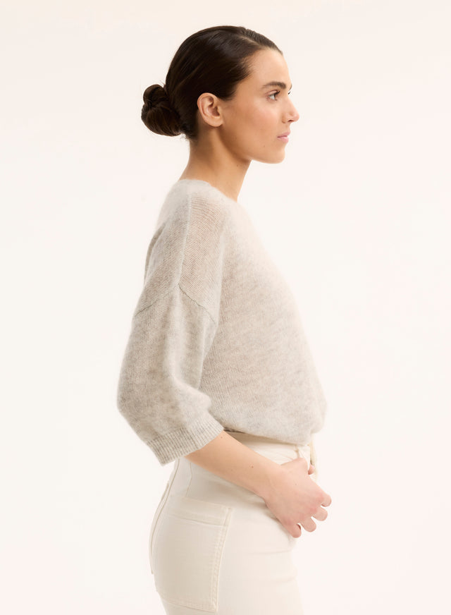 Majestic Filatures Pull Gris Col Rond Manches Coudes En Laine / Soie / Cachemire Laine / Soie / Cachemire