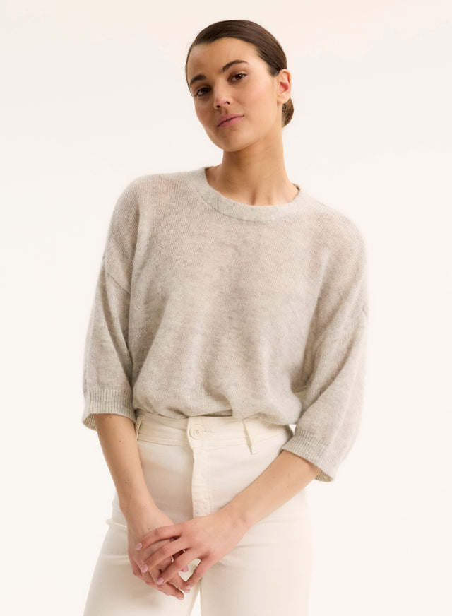 majestic filatures Pull Gris Col Rond Manches Coudes en Laine / Soie / Cachemire Laine / Soie / Cachemire