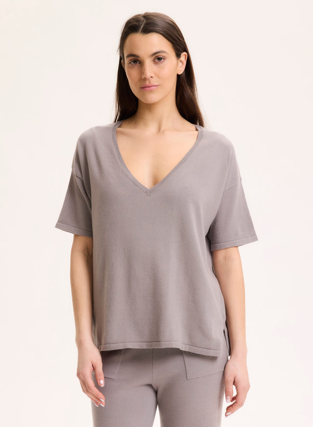 Majestic Filatures Pull Gris Col V Manches Courtes En Coton Organique / Elasthanne Coton Organique / Elasthanne