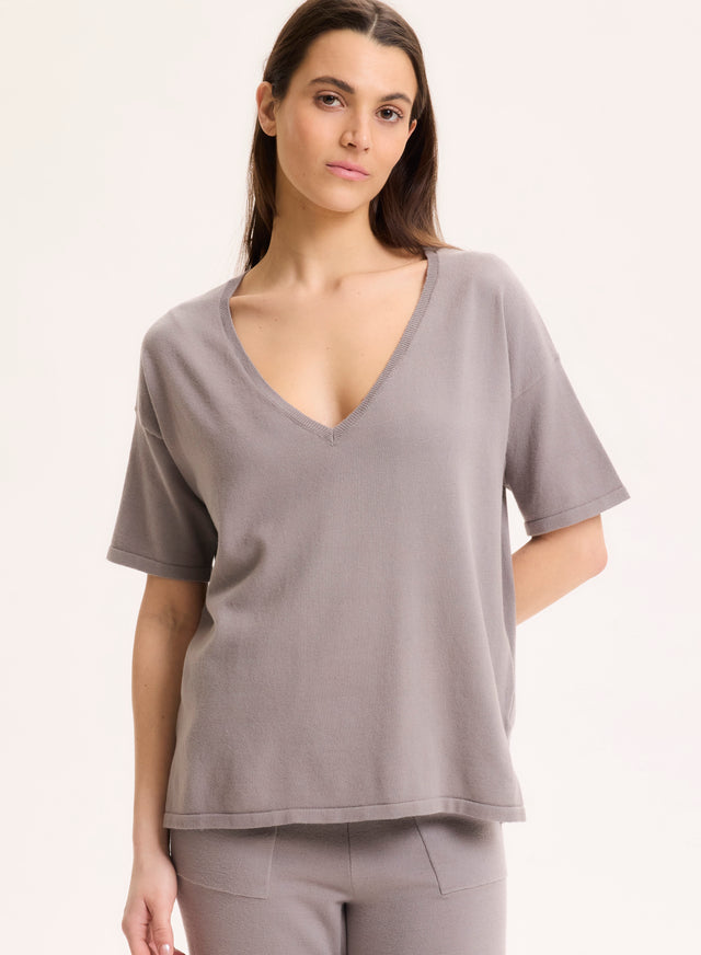 majestic filatures Pull Gris Col V Manches Courtes en Coton organique / Elasthanne Coton organique / Elasthanne