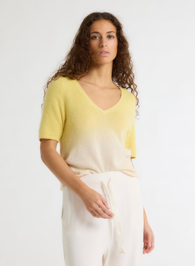 Majestic Filatures Pull Jaune Col V Manches Courtes En Raccoon / Polyamide Raccoon / Polyamide