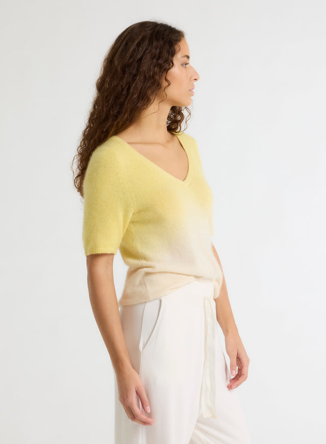 Majestic Filatures Pull Jaune Col V Manches Courtes En Raccoon / Polyamide Raccoon / Polyamide