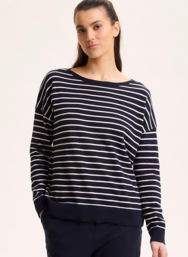 Majestic Filatures Pull Marine Col Bateau Manches Longues En Coton Organique / Elasthanne Coton Organique / Elasthanne