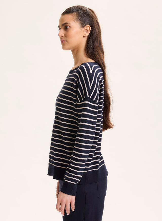 Majestic Filatures Pull Marine Col Bateau Manches Longues En Coton Organique / Elasthanne Coton Organique / Elasthanne