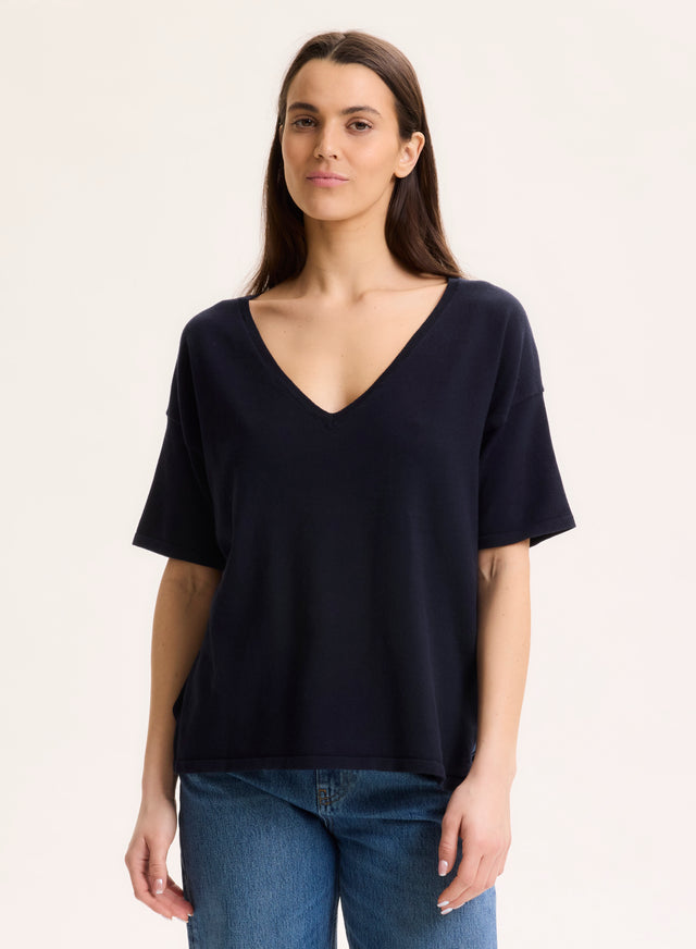 Majestic Filatures Pull Marine Col V Manches Courtes En Coton Organique / Elasthanne Coton Organique / Elasthanne