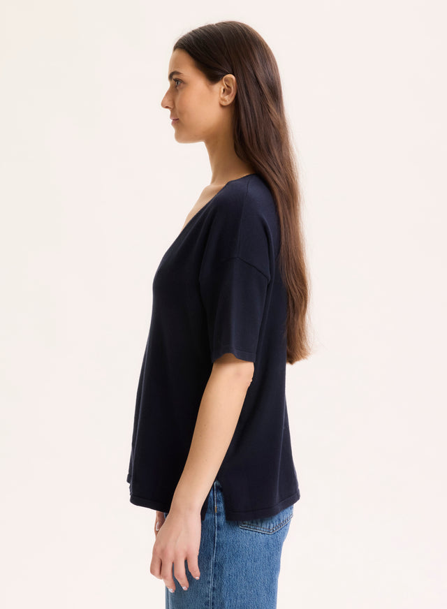 Majestic Filatures Pull Marine Col V Manches Courtes En Coton Organique / Elasthanne Coton Organique / Elasthanne