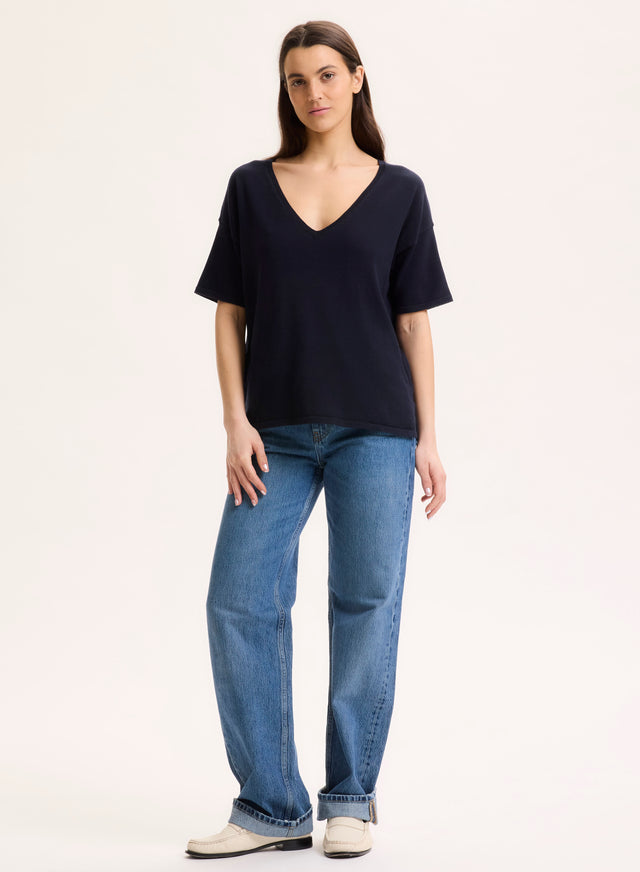 Majestic Filatures Pull Marine Col V Manches Courtes En Coton Organique / Elasthanne Coton Organique / Elasthanne