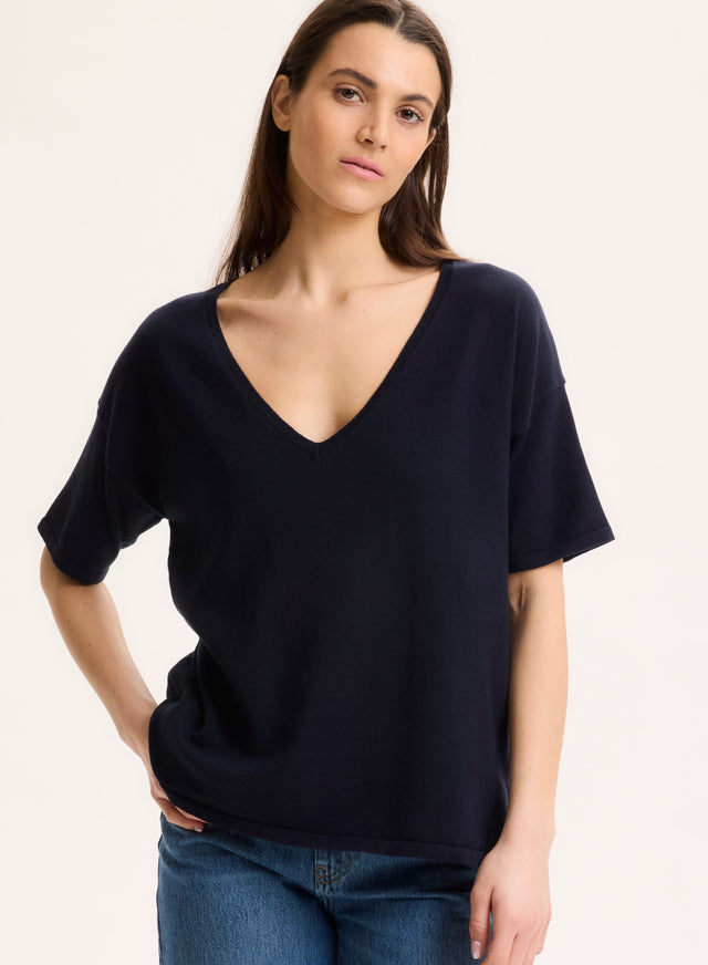 majestic filatures Pull Marine Col V Manches Courtes en Coton organique / Elasthanne Coton organique / Elasthanne