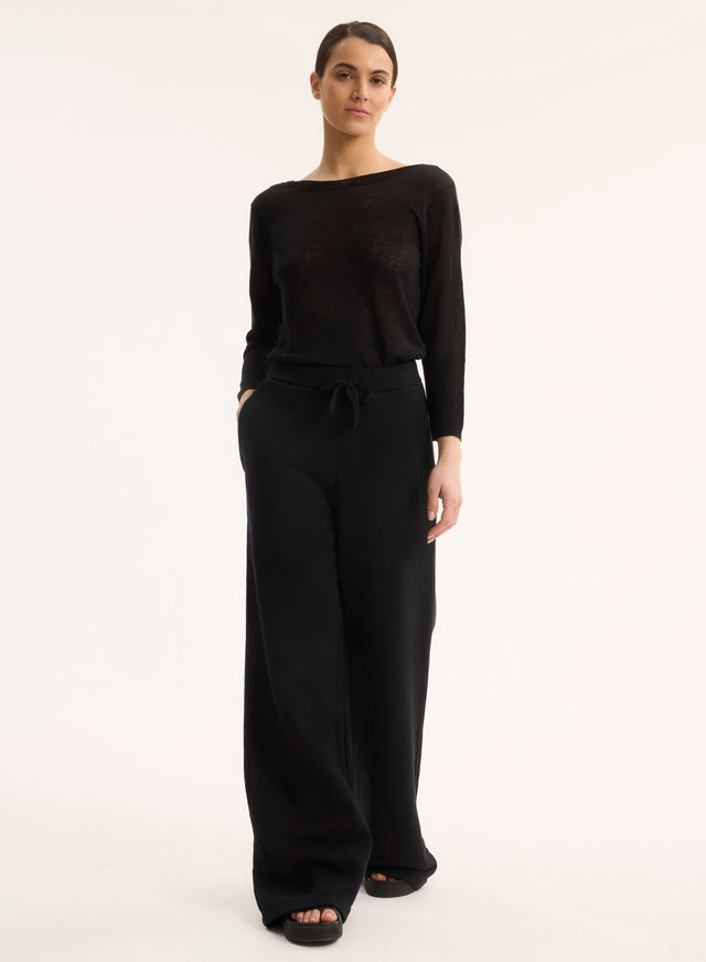 Majestic Filatures Pull Noir Col Bateau Manches Trois Quarts En Lin Lin