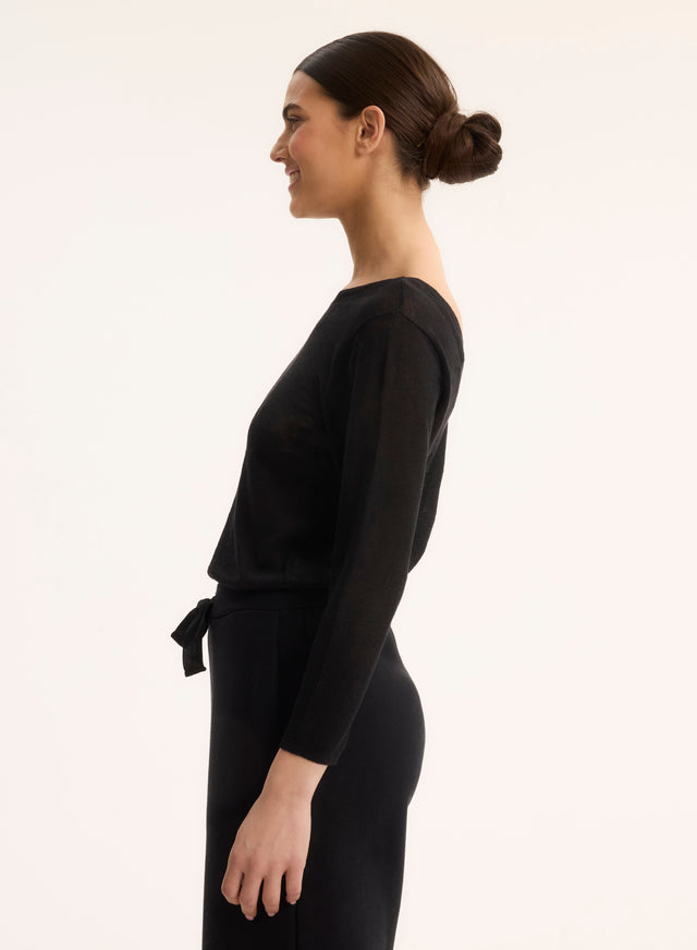 Majestic Filatures Pull Noir Col Bateau Manches Trois Quarts En Lin Lin