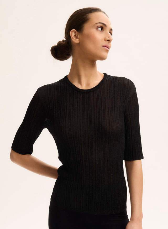 Majestic Filatures Pull Noir Col Rond Manches Coudes Acetate / Fibre Metallisee / Polyamide