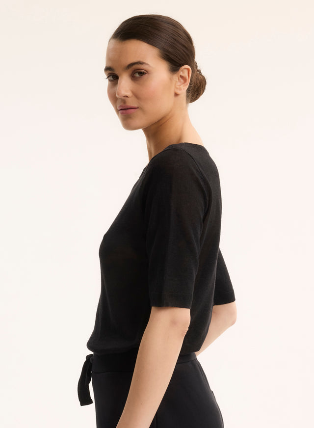 Majestic Filatures Pull Noir Col Rond Manches Courtes En Lin Lin