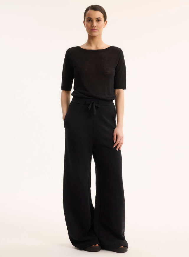 Majestic Filatures Pull Noir Col Rond Manches Courtes En Lin Lin