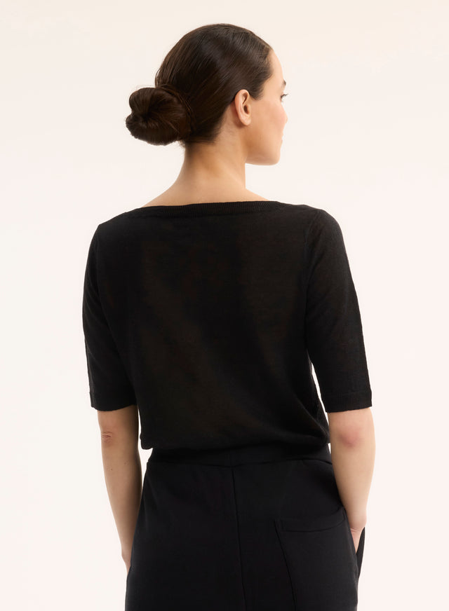 Majestic Filatures Pull Noir Col Rond Manches Courtes En Lin Lin