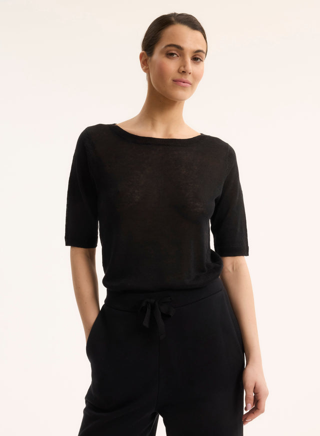 majestic filatures Pull Noir Col Rond Manches Courtes en Lin Lin majestic filatures Pull Noir Col Rond Manches Courtes en Lin Lin