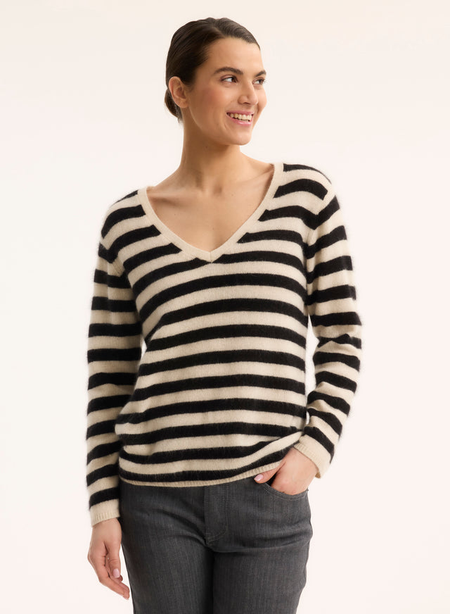 Majestic Filatures Pull Rayé Noir Col V Manches Longues En Raccoon / Polyamide Raccoon / Polyamide