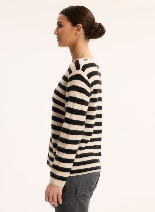 Majestic Filatures Pull Rayé Noir Col V Manches Longues En Raccoon / Polyamide Raccoon / Polyamide