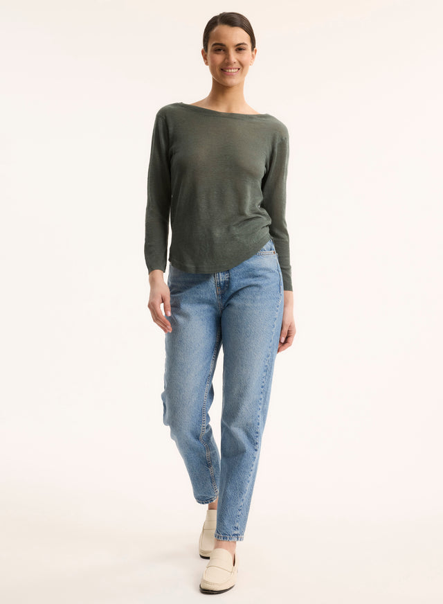 Majestic Filatures Pull Vert Col Bateau Manches Trois Quarts En Lin Lin