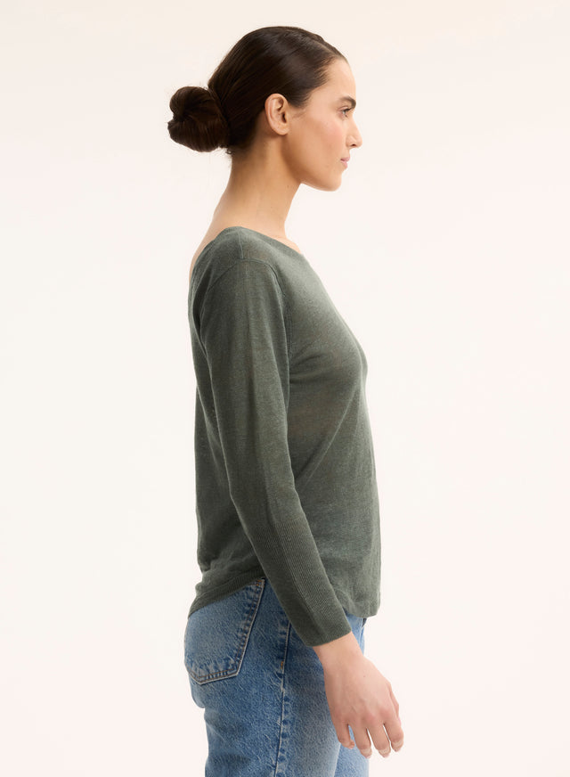 Majestic Filatures Pull Vert Col Bateau Manches Trois Quarts En Lin Lin