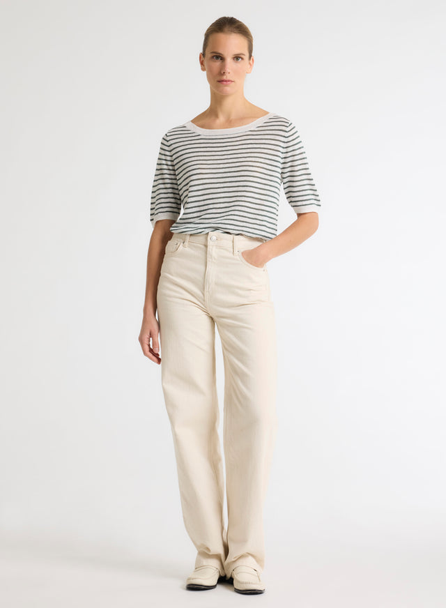 Majestic Filatures Pull Vert Col Rond Manches Courtes En Lin Lin