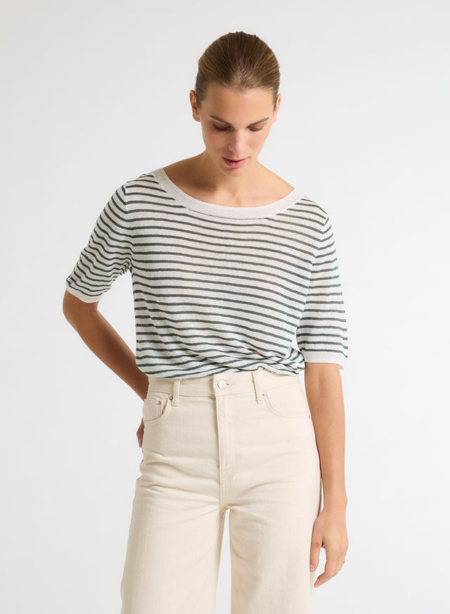 Majestic Filatures Pull Vert Col Rond Manches Courtes En Lin Lin