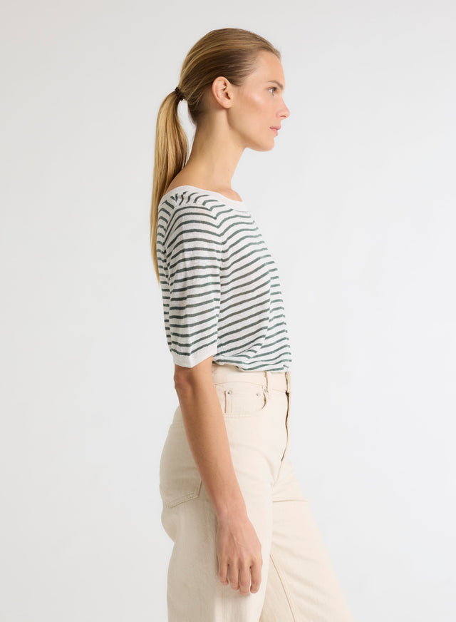 Majestic Filatures Pull Vert Col Rond Manches Courtes En Lin Lin