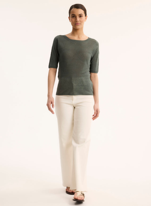 Majestic Filatures Pull Vert Col Rond Manches Courtes En Lin Lin