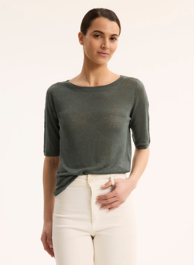 majestic filatures Pull Vert Col Rond Manches Courtes en Lin Lin