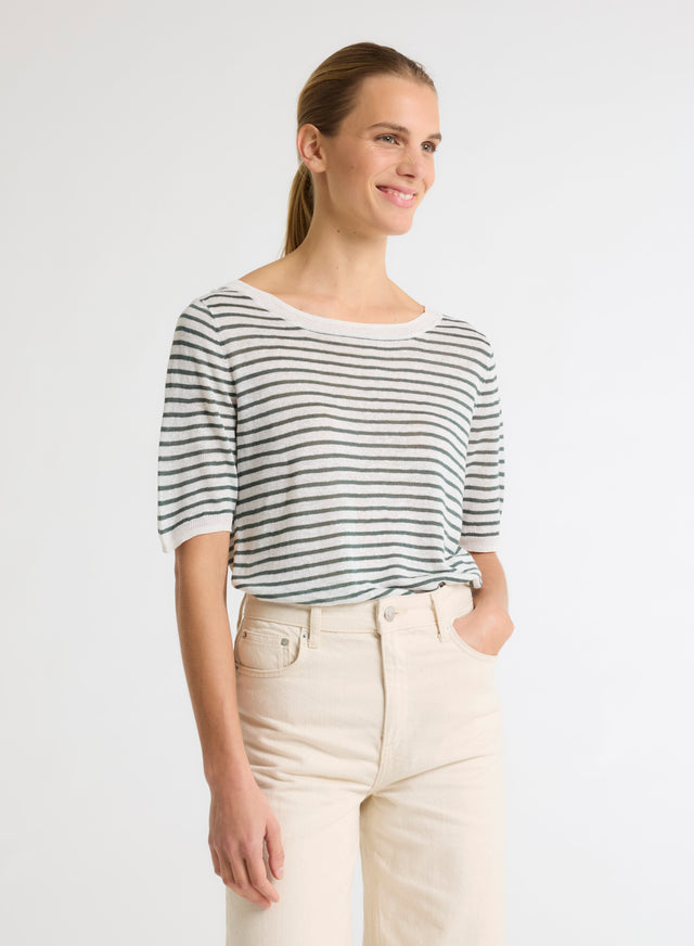 majestic filatures Pull Vert Col Rond Manches Courtes en Lin Lin