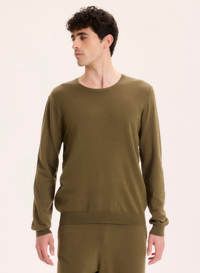 Majestic Filatures Pull Vert Col Rond Manches Longues En Coton Organique / Elasthanne Coton Organique / Elasthanne