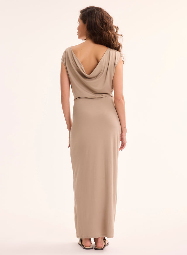 Majestic Filatures Robe Beige Col Bénitier Sans Manches En Viscose / Élasthanne Viscose / Élasthanne